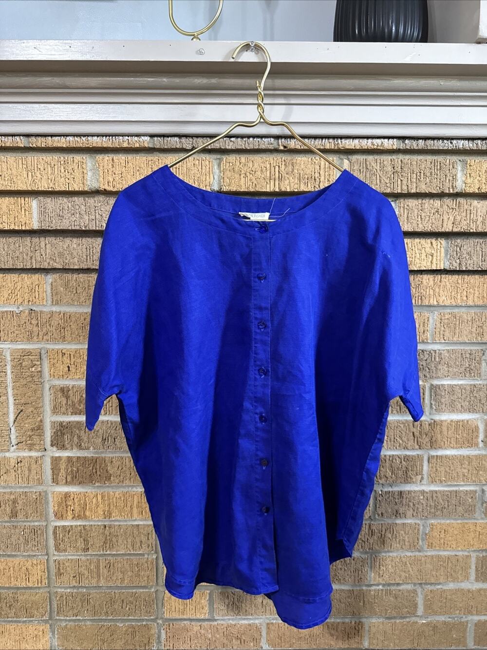 Eileen Fisher Women's Button Down Shirt Tencel linen Royal blue PM Round Hem